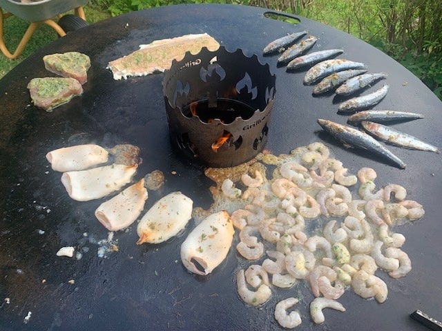 Fisch und Meeresfrüchte auf der Feuerplatte grillen