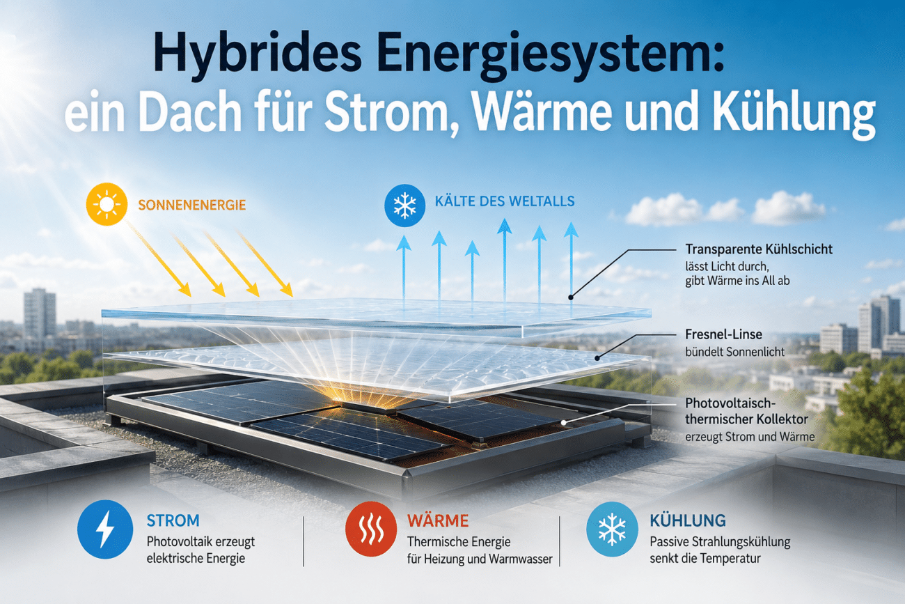 Wie erzeugt ein hybrides Energiesystem Strom, Wärme und Kühlung auf einer Fläche?