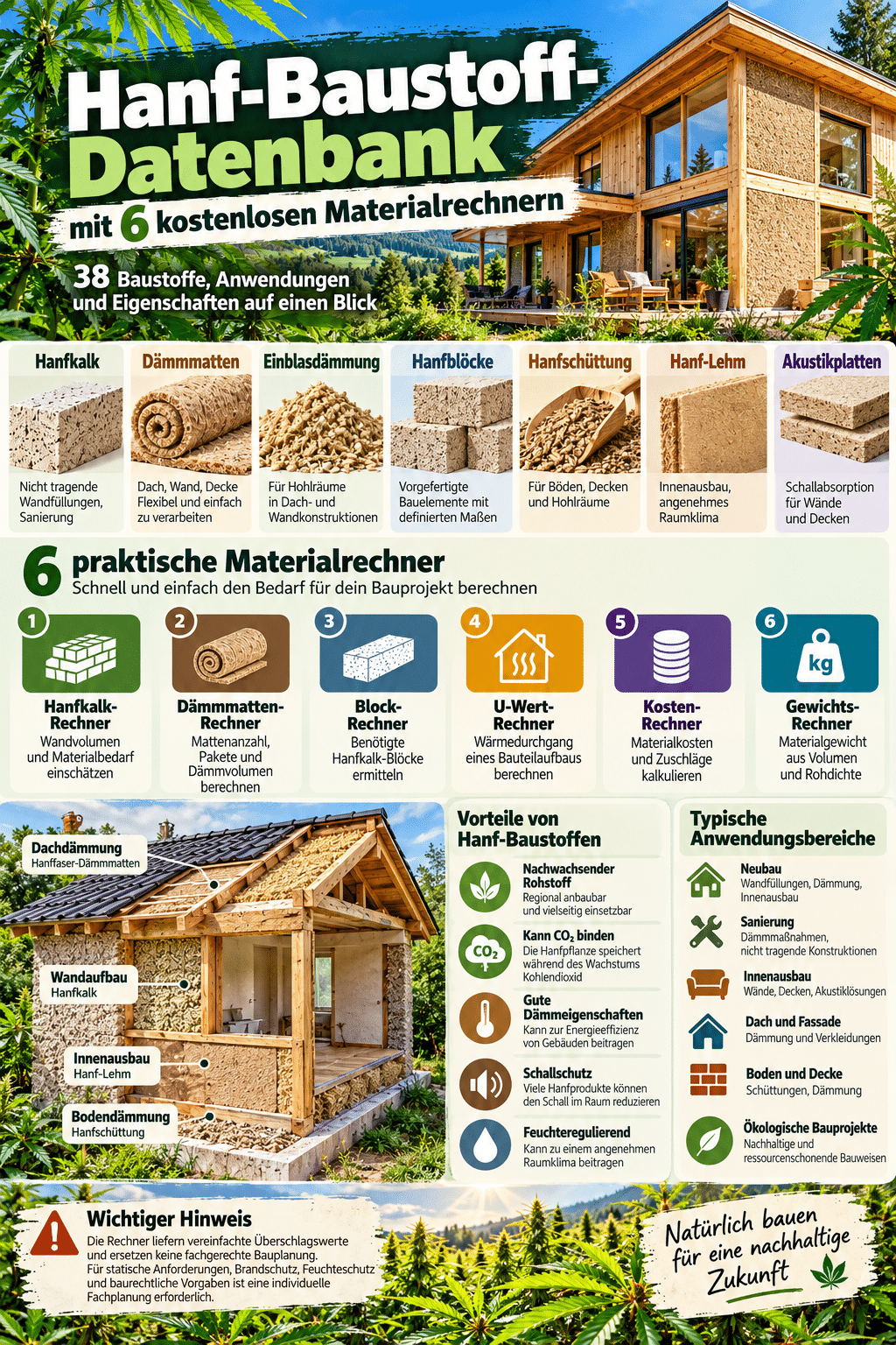 Hanf-Baustoff-Datenbank mit 6 kostenlosen Materialrechnern