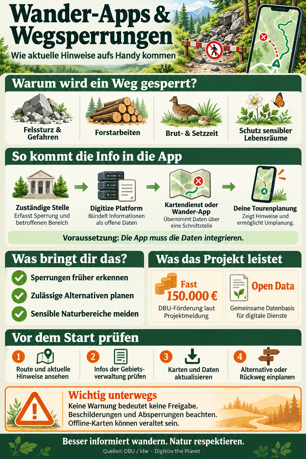 Wander-Apps: Wie kommen aktuelle Wegsperrungen aufs Handy?